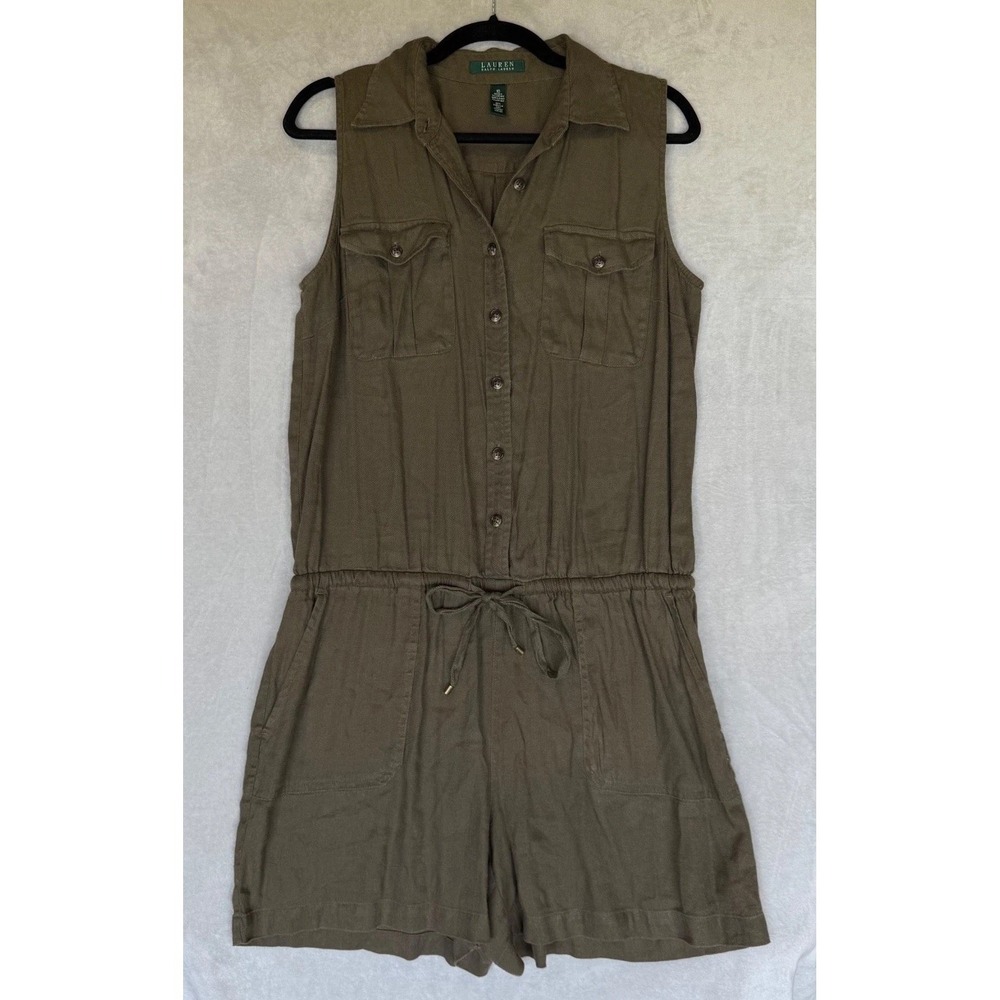 Ralph Lauren Linen Romper Womens Size 10 Olive Green Safari Drawstring Dramatic